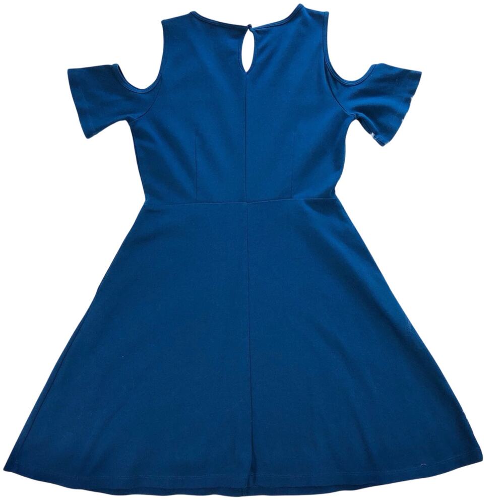New York & Company Cobalt Blue Cold Shoulder Dress Flattering Fit & Flare Design - Picture 11 of 16